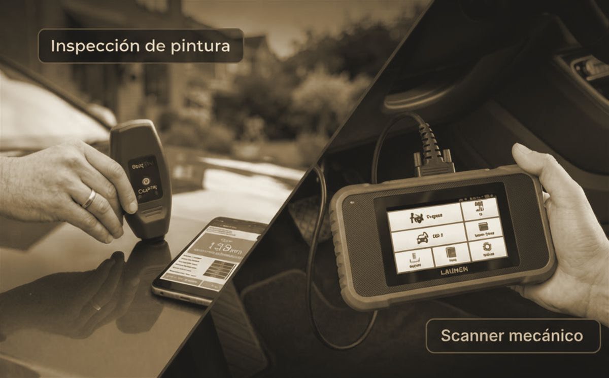 Medición del espesor de pintura con un medidor digital y lectura del scanner mecánico conectado al auto.